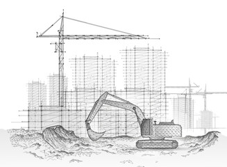 Digital construction site sketch with excavator. Building 3D Printing, Building Information Modeling