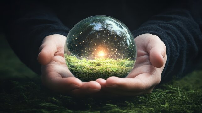 Hands holding enchanted glass sphere with lush moss and mystical light