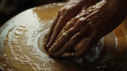 Fototapeta premium Crafting clay: hands shaping artistic pottery on a spinning wheel