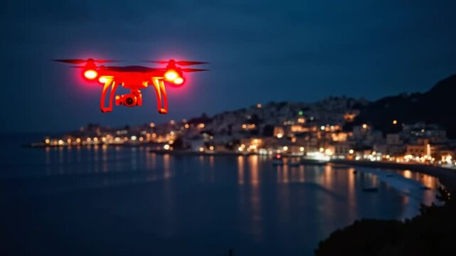 A drone flies over a coastal town at night, capturing the mesmerizing lights of the city reflected in the water