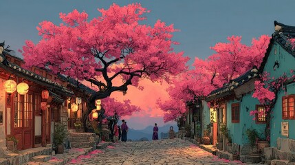 Fototapeta premium Cherry Blossoms in a Traditional Village at Sunset Vibrant Pink Flowers Ancient Architecture