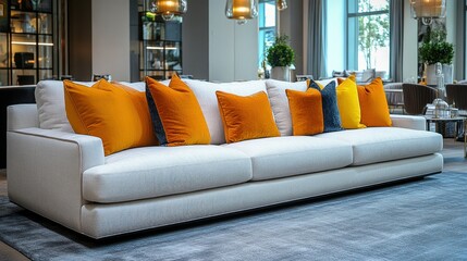 Modern white sofa with orange pillows in showroom