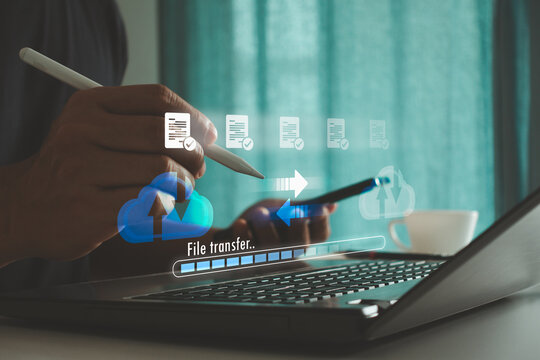 Transfer files data system relocation on cloud system technology concept, access to backup copy data, business document storage, upload and download, archive, share, migration online database with AI. - Powered by Adobe