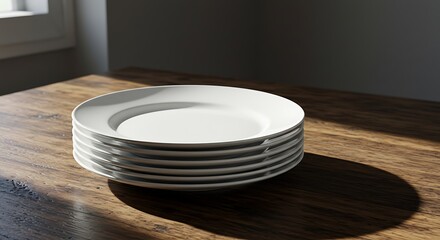 White plates stacked on wooden table