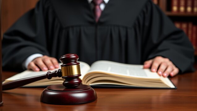 Closeup of a judges hands on legal text with gavel in elegant courtroom setting