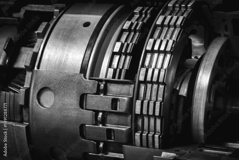Poster A dark black close up of a machine with many gears and discs. concept of powerful industrial energy of complexity and intricacy, and a sense of awe at engineering behind machine.