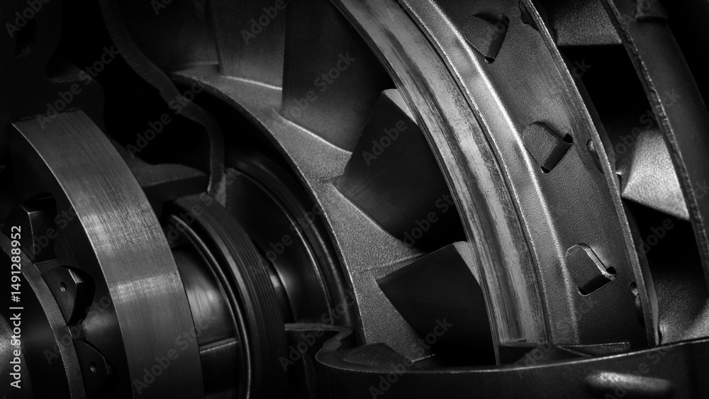 Poster A dark black close up of a machine with many gears and discs. concept of powerful industrial energy of complexity and intricacy, and a sense of awe at engineering behind machine.