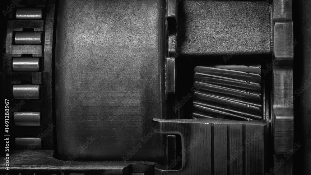 Leinwandbilder a dark black close up of a machine with many gears and discs. concept of powerful industrial energy 