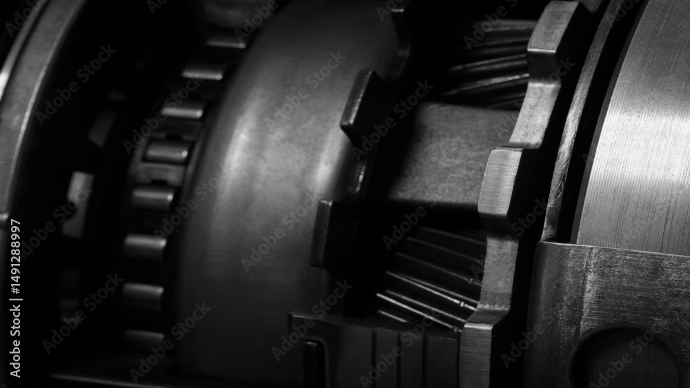 Fototapete a dark black close up of a machine with many gears and discs. concept of powerful industrial energy 