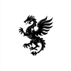 Obraz premium Black Silhouette Dragon: Winged Creature and Mythical Beast in Fantasy Art Illustration - Vector Graphic Monochrome Art in Tribal Style and Medieval Symbol Design