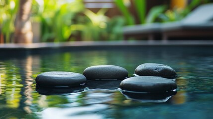 Four smooth, dark grey stones float gently on calm, dark blue water.  Background is blurred tropical greenery and a poolside lounger.