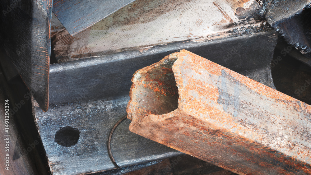 Poster a rusty metal pipe with a hole in it. the hole is large and the pipe is bent
