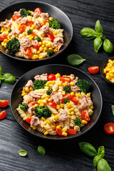 Tuna corn pasta salad with tomatoes and broccoli