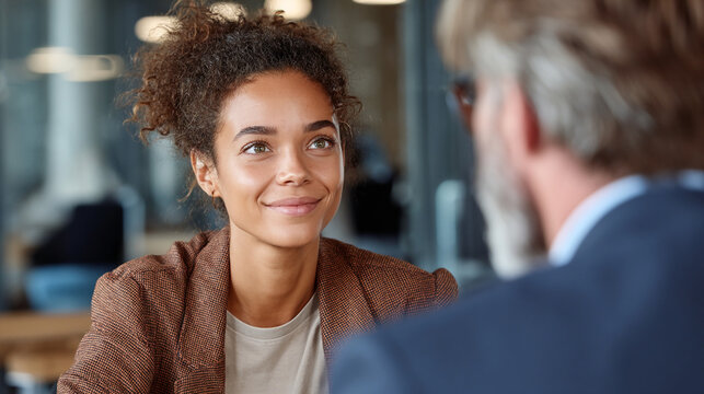 Young woman with curly hair, wearing brown jacket, smiling, looking at someone off-camera, showcasing business communication, professionalism and positive interaction