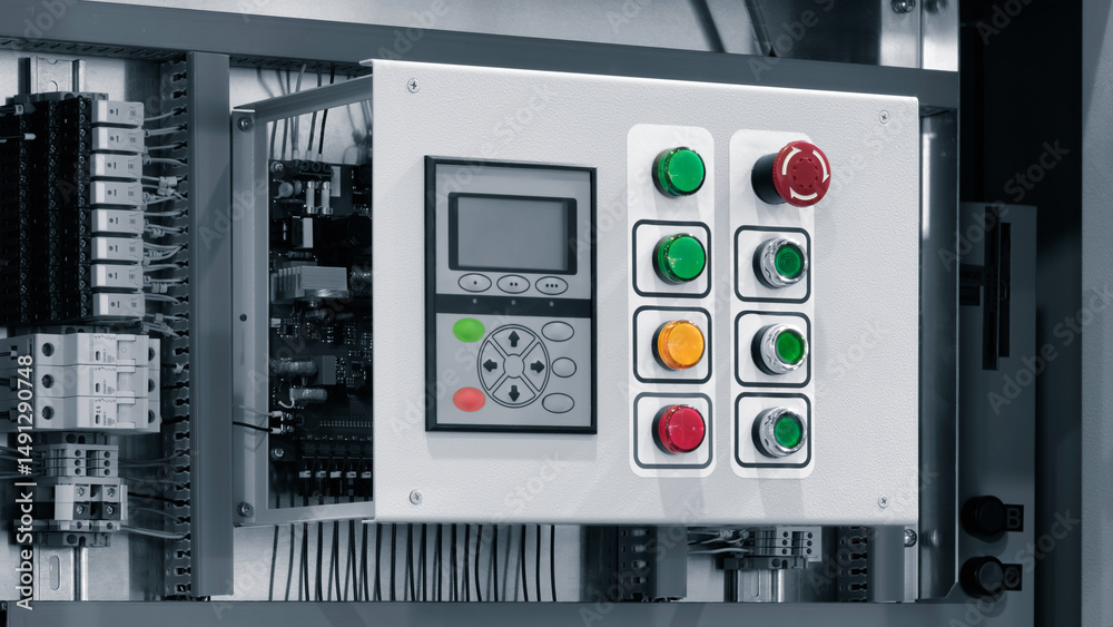 Poster Control panel with screen and buttons for controlling the power distribution unit between consumers at an industrial plant
