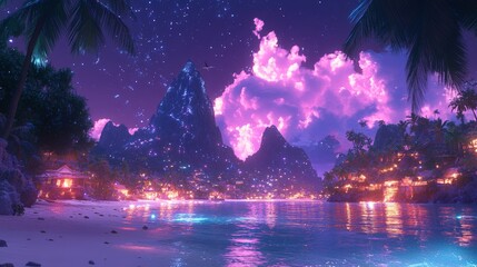 Vibrant, glowing beach paradise under a starry night sky.