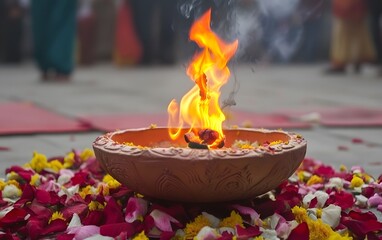 Burning Incense in Clay Bowl Surrounded by Petals