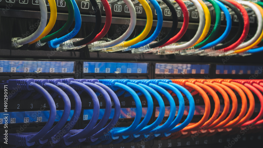 Poster a row of cables with different colors and numbers. the cables are connected to a black box. internet