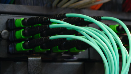 A row of cables . The cables are connected to a black box. Internet and communications concept