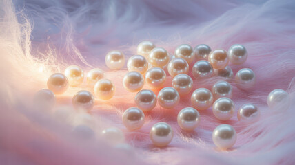 Obraz premium Delicate white pearls floating against a pastel pink and lavender mist, soft glowing light, dreamy and airy composition