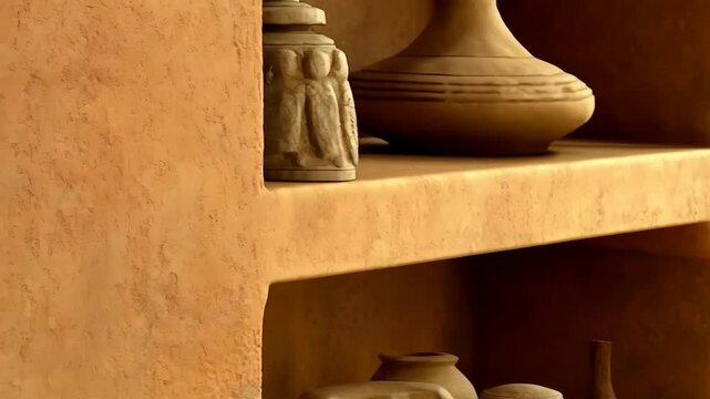Dried herb bunch piled in an ornate terracotta pot near adobe wall creates rustic still life with organic textures and earthy color palette