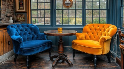 Cozy velvet armchairs in rustic pub's sunlit corner