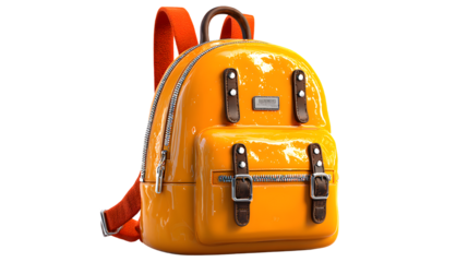 A vibrant orange backpack with glossy finish and leather straps ideal for travel school or e