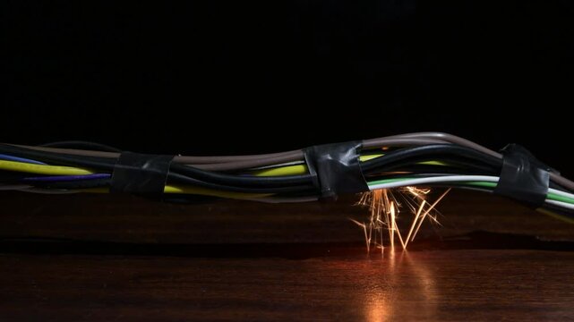 Electrical wires from computer power supply ignited during use - flames, sparks and possible short circuit.