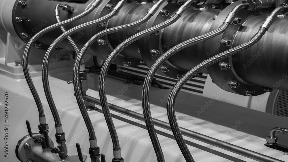 Fototapete a series of pipes are connected to a large machine. the pipes are made of metal and are connected to