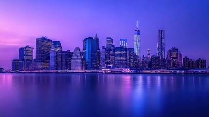 Obraz premium Vibrant city skyline at twilight, reflecting in calm water