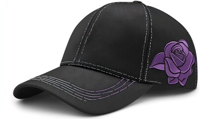 Black baseball cap adorned with a purple embroidered rose