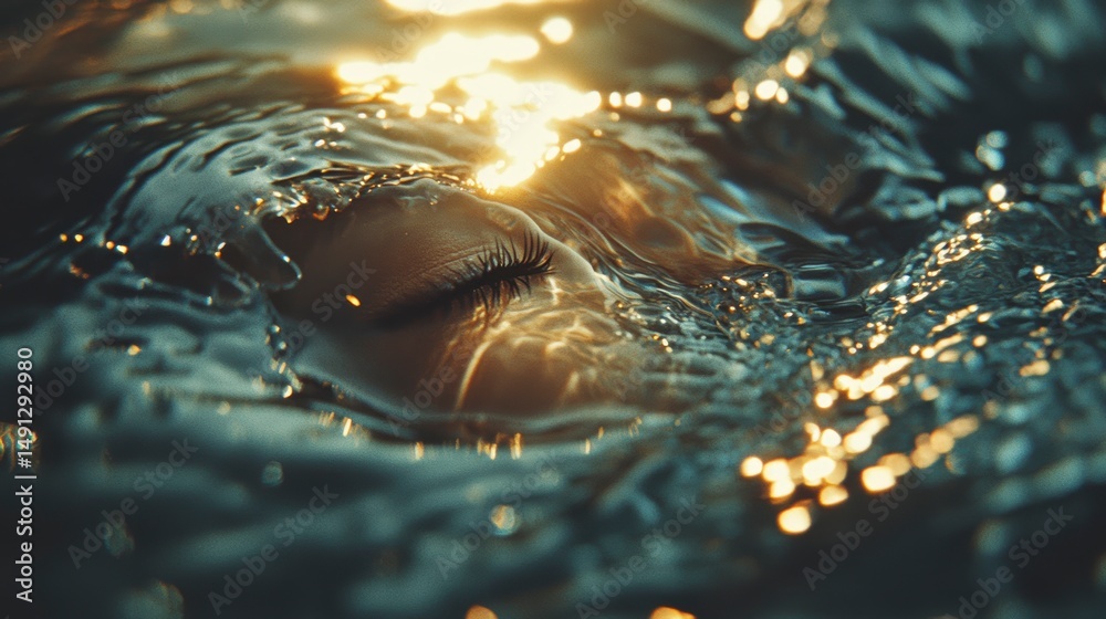 Poster close-up of a person's face submerged in sparkling water, sunlight reflecting on the surface.
