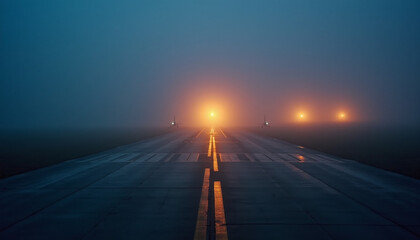 Foggy Airport Runway at Dusk with Illuminated Lights and Markings