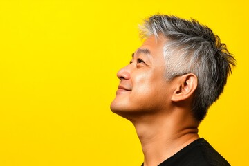Fototapeta premium Yellow solid background. A happy and poised man radiating charm. Chic men's wavy fringe haircut - midlife southeast asian man with short hair. Conceptual art of style for aging men.