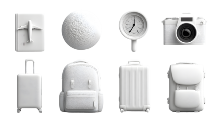 Travel Essentials White Luggage Backpacks Camera Clock and Plane Icon Set for Design and M