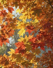 Fototapeta premium Close-up of maple leaves, various shades, sunlight filtering through, close up, fall, autumn