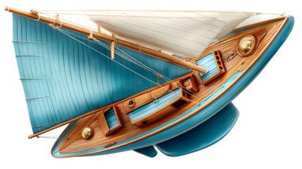 Aerial View of a Classic Sailboat Blue Hull and Wooden Deck Nautical Vessel Ocean Yacht Illu