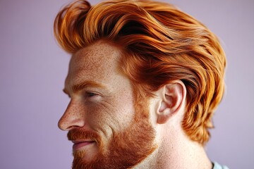 Creative visual graphic design of style for aging men. Purple solid background. A modern and happy gentleman enjoying his moment. Chic men's quiff haircut - midlife white man with red hair.
