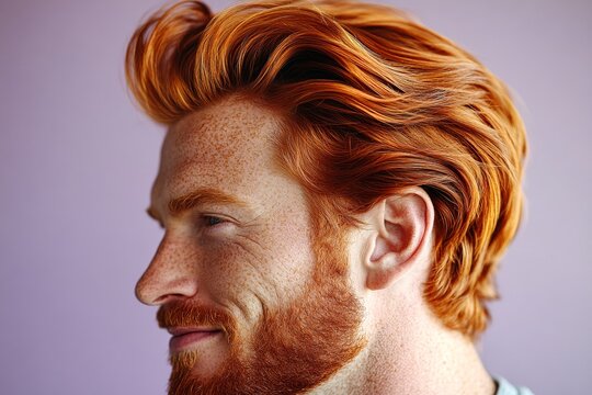 Creative visual graphic design of style for aging men. Purple solid background. A modern and happy gentleman enjoying his moment. Chic men's quiff haircut - midlife white man with red hair.