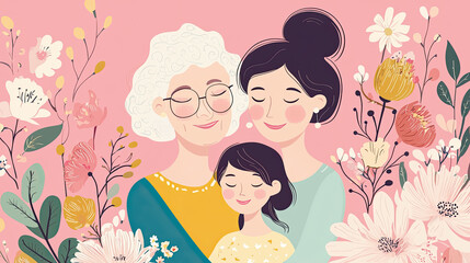 Three generations of women surrounded by flowers in a loving family illustration on pink background, perfect for mother's day and family celebrations