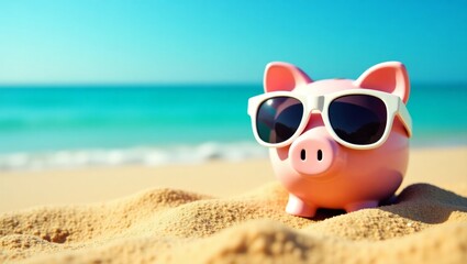 Obraz premium Playful piggy bank in trendy sunglasses on sunkissed beach with vibrant ocean background