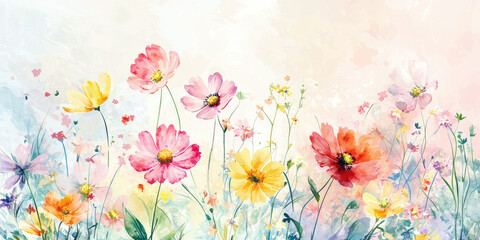 Watercolor cosmos flowers in full bloom, a vibrant floral painting with a soft and delicate touch, perfect for adding a touch of nature and beauty to any design project