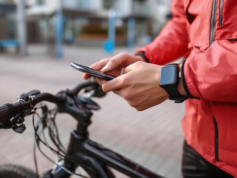 Urban Bike Cycling Adventure: Stylish Male Rider with Smartphone Connectivity and Smartwatch Technology in Motion - Powered by Adobe