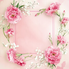 Floral frame with pink carnations and baby's breath for invitations, announcements, or cards, watercolor style on a pink background, perfect for celebrations
