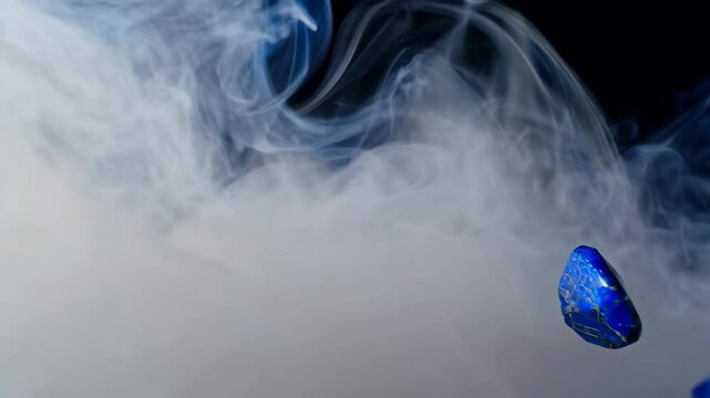Lapis lazuli gemstones floating amid swirls of white smoke against a dark background, creating a mysterious and ethereal atmosphere.