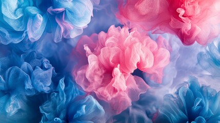 Abstract image of swirling pink and blue paint in water.