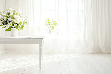 White flowers in vase on table in bright room with natural light and white curtains isolated on white background for a clean and modern aesthetic home decor design