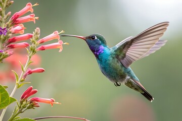 Fototapeta premium Vibrant hummingbird in flight near pink flowers