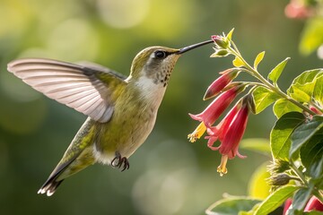 Fototapeta premium Hummingbird feeding on vibrant red flowers in nature