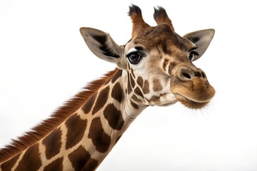 Curious giraffe portrait close up neck and head white background